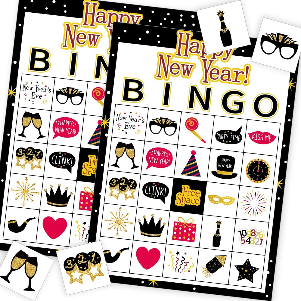 Funnlot New Year Games New Year Bingo Game Holiday Bingo 24 Players Games for Party Bingos Cards for School Supplies for Family Classroom Activities Party Favors