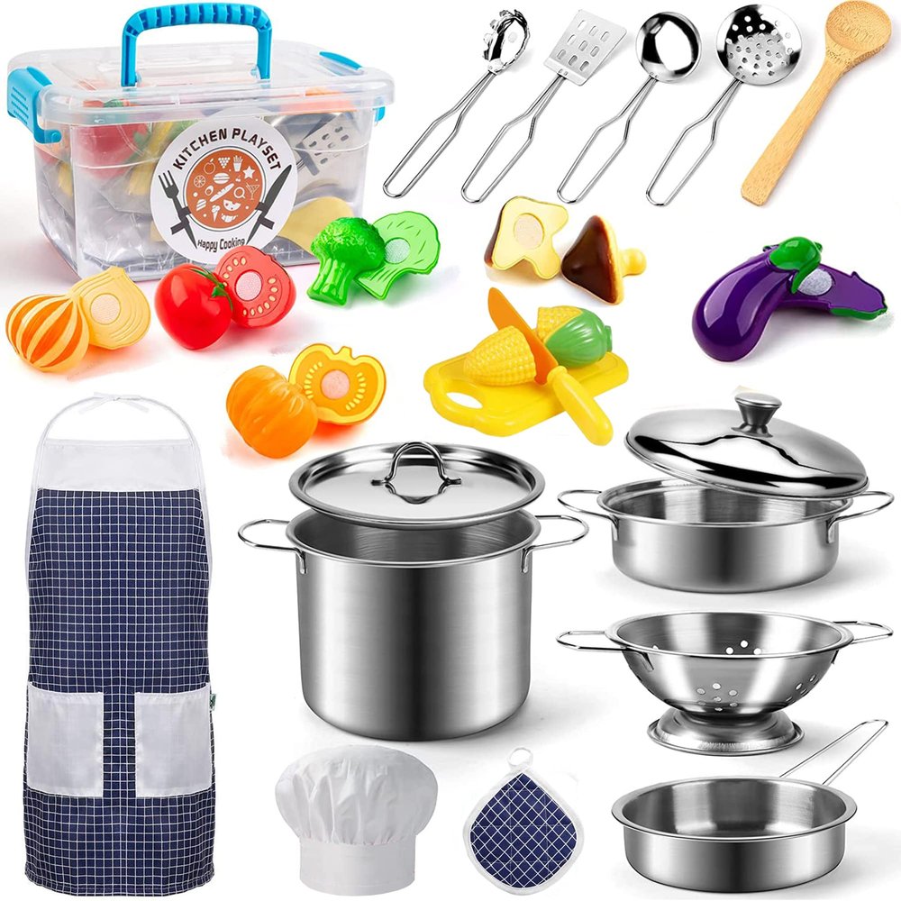 KODATEK Play Kitchen Accessories, Kids Kitchen Pretend Play Toys, Kitchen Set with Stainless Steel Cooking Utensils Cookware Pots and Pans Set Healthy Vegetables, Knife, Apron, Little Chef Boys Girls