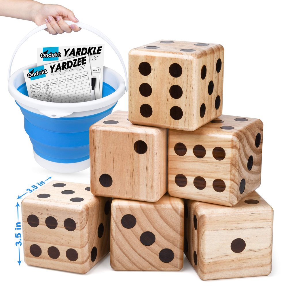 Giant Wooden Yard Dice  Splinter-Free and Crack-Proof Wood  Jumbo Size with Collapsible Bucket - 2 Dry Erase Score Cards - Indoor/Outdoor - Play Many Games  Fun and Engaging Game Time  Ideal Gift