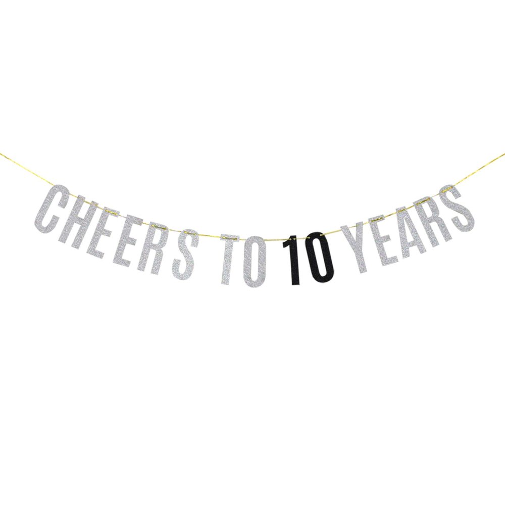 Cheers to 10 Years Banner Happy 10th Birthday 10th Anniversary Banner Celebration Party Decoration Supplies Silver Glitter