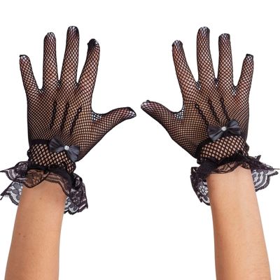 Skeleteen Dress Lace Hand Gloves - Vintage Formal Black Sheer Evening Gloves with Satin Bow and Lace Ruffle Wrist Cuffs for Women and Girls