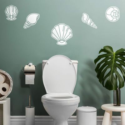 5 Pieces of Vinyl Wall Art Decal - Seashell Set - from 8" x 8" Each - Minimal Cute Adhesive Stickers Shell Design for Home Bedroom Bathroom Kids Room Living Room Store Sea Decor (White)