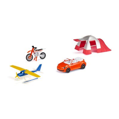 Siku 6325, Recreation Set, Incl. Convertible, Motocross Bike, Seaplane and Tent, Metal/Plastic, Multicolour