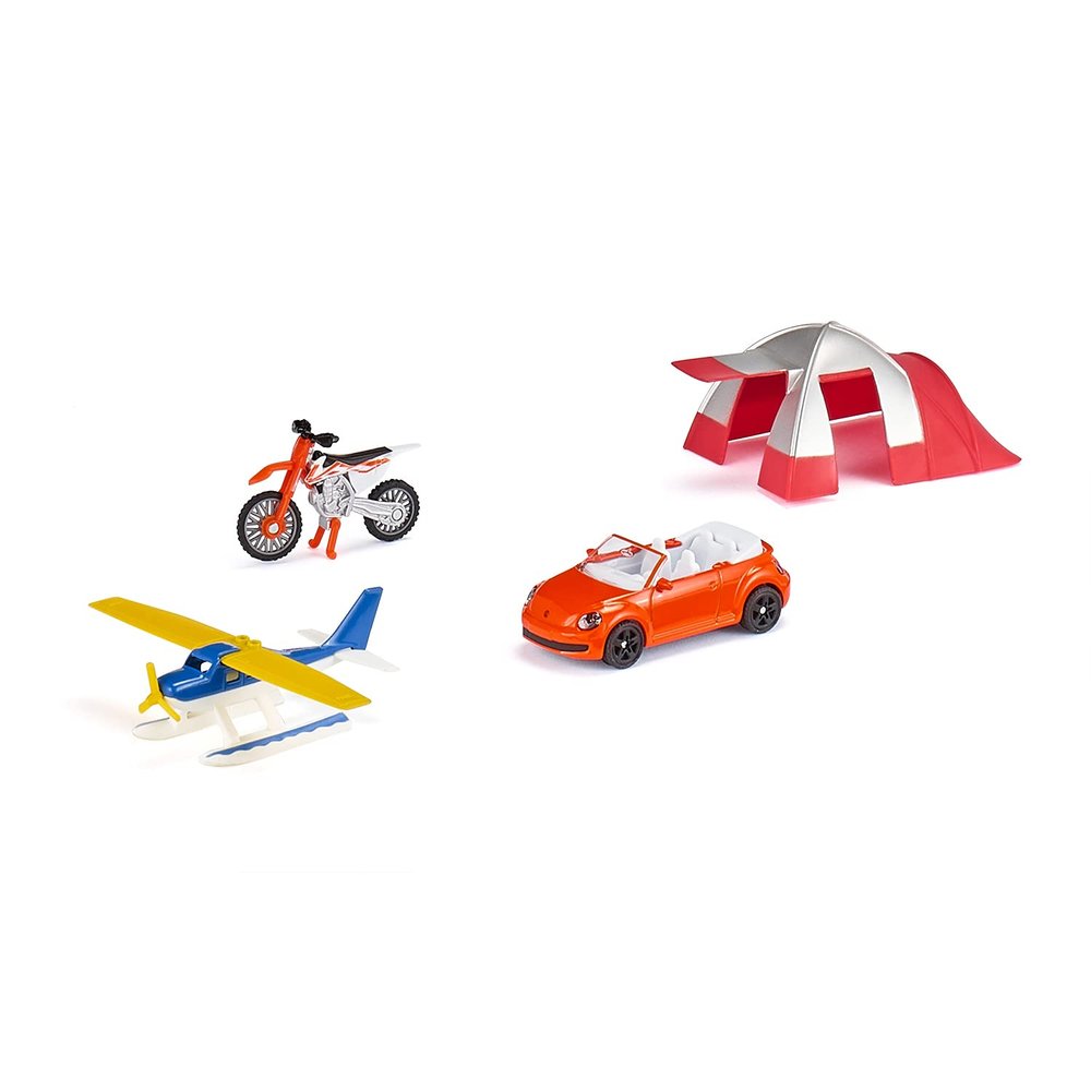 Siku 6325, Recreation Set, Incl. Convertible, Motocross Bike, Seaplane and Tent, Metal/Plastic, Multicolour