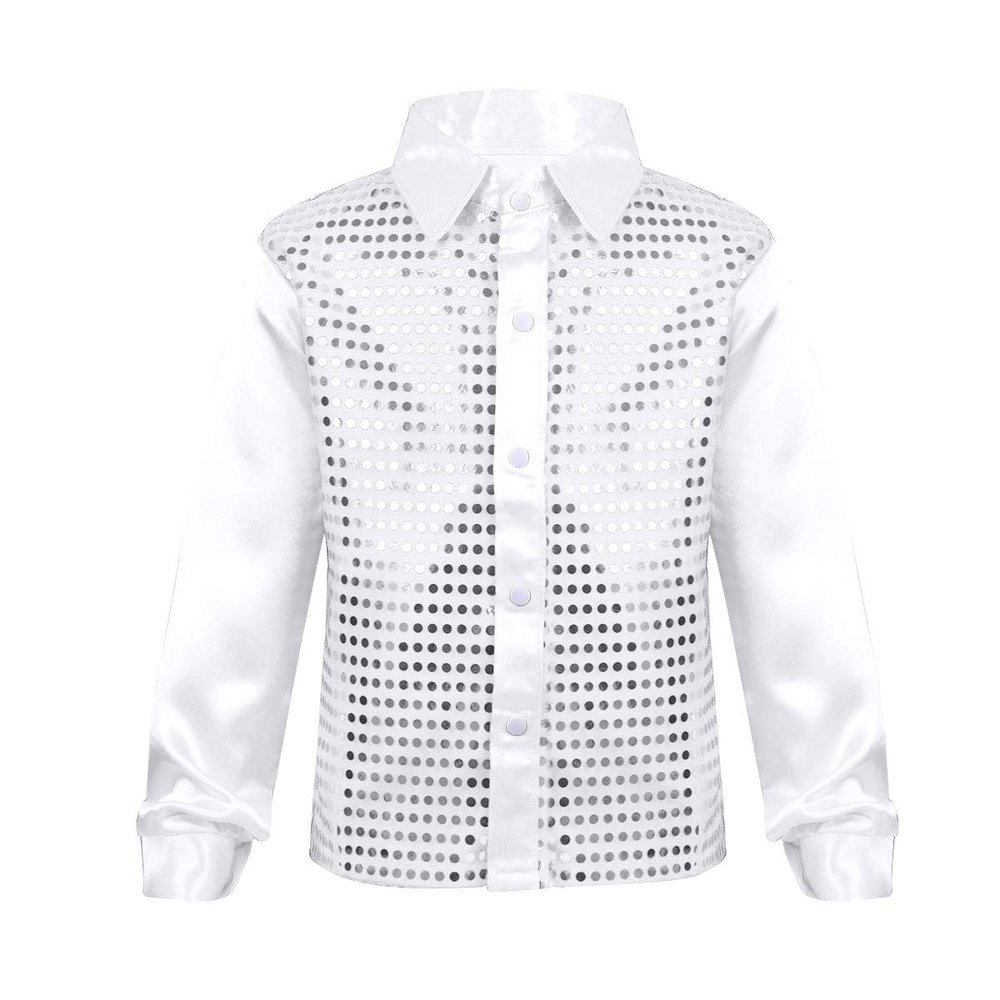 Hularka Kids Boys Sequins Long Sleeves Hip-hop Jazz Dance Shirt Stage Performance Costumes Disco Fancy Tops Dancewear White 4/5