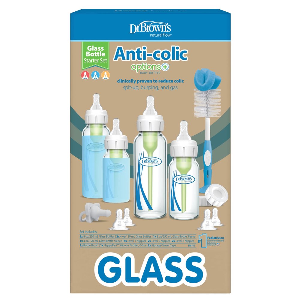 Dr. Brown's Anti-Colic Options+ Narrow Glass Baby Bottle Starter Set with Silicone Bottle Sleeves, Levels 1, 2, and 3 Nipples, Soft Touch Cleaning Brush, Storage/Travel Caps, and HappyPaci