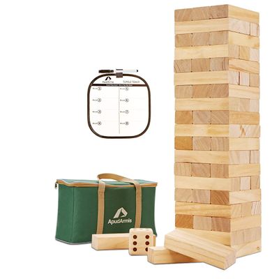 ApudArmis 60 PCS Tumble Tower, (Stack up to 5Ft) Pine Wooden Stacking Timber Game with 1 Dice Set - Classic Block Outdoor Game for Teens Adults Family