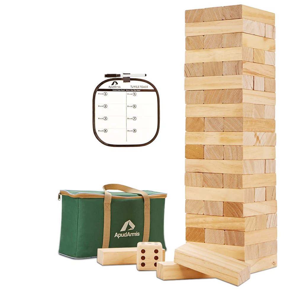 ApudArmis 60 PCS Tumble Tower, (Stack up to 5Ft) Pine Wooden Stacking Timber Game with 1 Dice Set - Classic Block Outdoor Game for Teens Adults Family