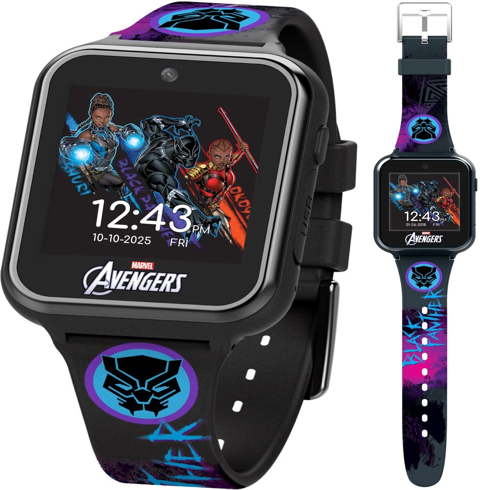 Accutime Kids Marvel Black Panther Black Educational ,Touchscreen Smart Watch Toy for Boys, Girls, Toddlers - Selfie Cam, Learning Games, Alarm, Calculator, Pedometer (Model: AVG4608AZ)