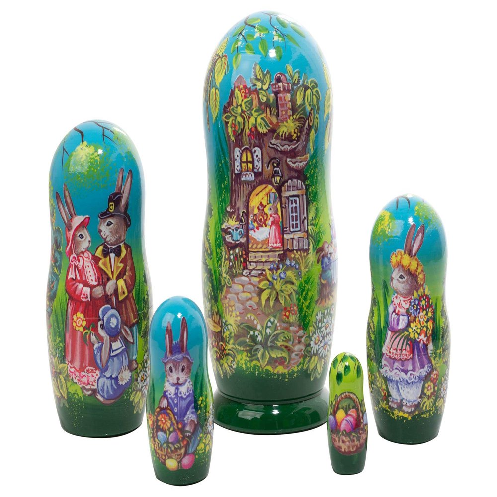 Golden Cockerel Easter on Rabbit Hill 5pc/5" Nesting Doll Babushka Matryoshka Bunny Family Matreshka