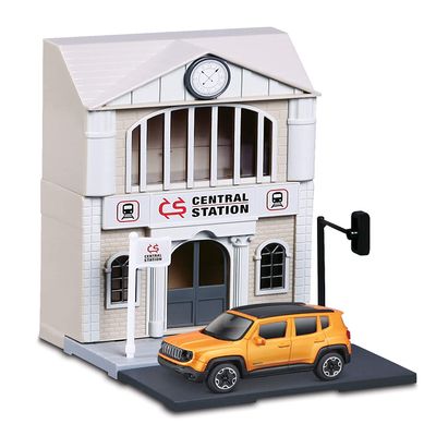 Bburago Street FIRE City Train Station Playset with a Die-Cast Jeep Renegade SUV