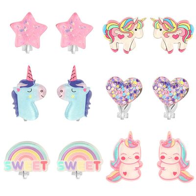 PinkSheep Unicorn Clip On Earrings for Little Girls, Bling Rainbow Earrings for Kids, 6 Pairs, Best Gift
