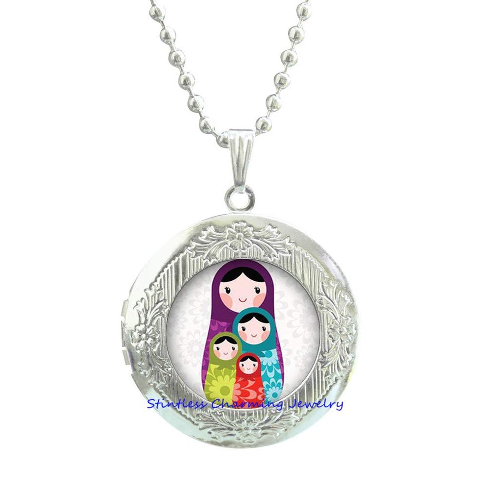 stintless charming Jewelry Russian Nesting Doll Matryoshka Babushka Russian Stacking Dolls Glass Tile Pendant Locket Necklace,Bridesmaid Gift Birthday gift-JV214