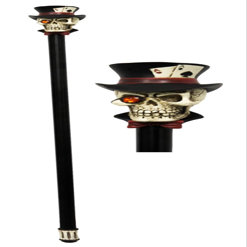 Ebros Gothic Casino Poker King Skull Gentleman with Top Hat of Aces Decorative Prop Cosplay Walking Swagger Cane Ossuary Macabre Halloween Bone Skulls Skeletons Decor Gadget Accessory