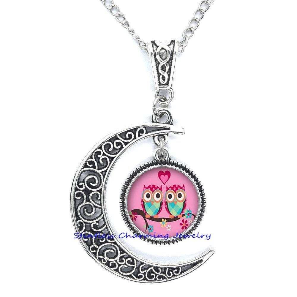 Cute Cartoon Owls On The Tree Glass Cabochon Animal Owl Birds Glass Dome Beads Jewelry,Owl Gift, Bird Necklace, Moon Owl Necklace-JV262