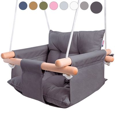 CaTeam - Canvas Baby Swing, Wooden Hanging Swing Seat Chair with Safety Belt, Durable Baby Swing Chair, Outdoor and Indoor Swing for Kids, Mounting Hardware Included, Dark Gray