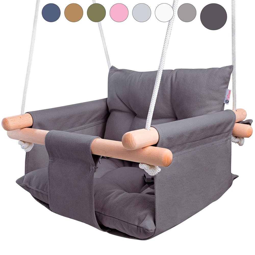 CaTeam - Canvas Baby Swing, Wooden Hanging Swing Seat Chair with Safety Belt, Durable Baby Swing Chair, Outdoor and Indoor Swing for Kids, Mounting Hardware Included, Dark Gray