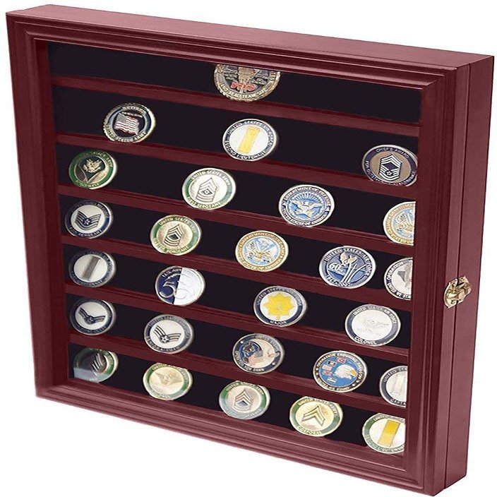 flag connections Military Challenge Coin Display Case Cabinet Rack Holder with Door..