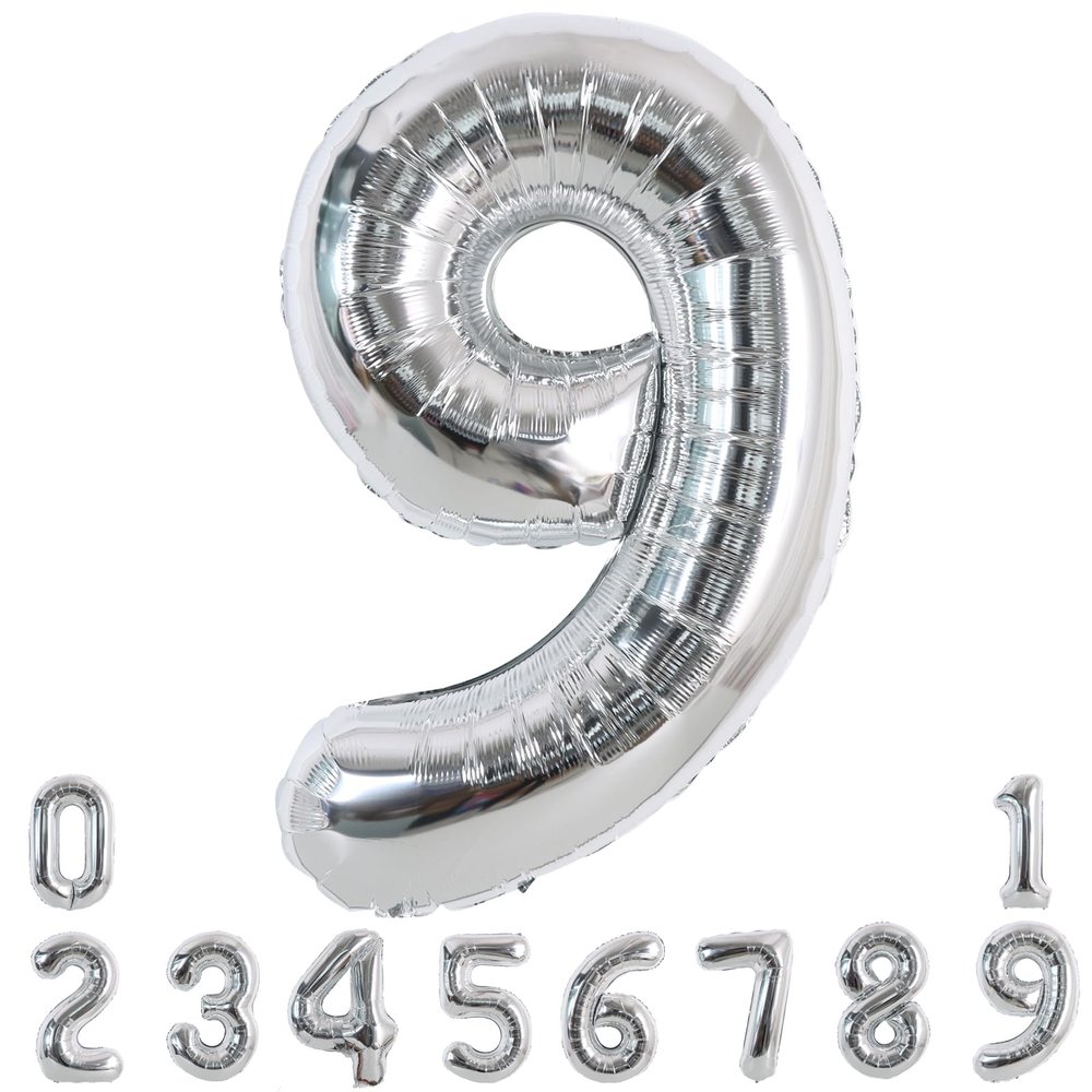 TONIFUL 40 Inch Silver Large Numbers Balloons 0-9, Number 9 Digital 9 Helium Foil Mylar Big Number Balloons for 2026 Graduation New Year Eve Birthday Party Anniversary Supplies Decorations