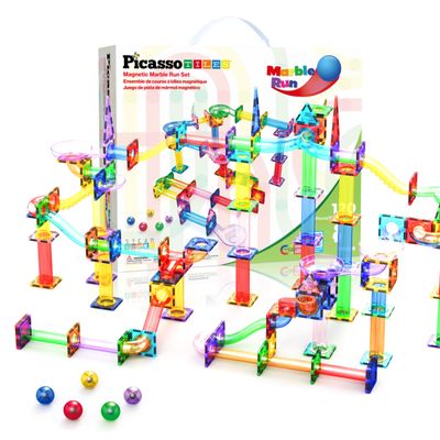 PicassoTiles 120pc Magnetic Tile Marble Run Set STEM Construction Toy with Track Building Blocks Educational Learning Compatible for Brain Development Creativity Coordination Kids Age 3 Plus PTG120