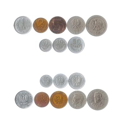 Set of 8 Coins from Poland. 10, 20, 50 GROSZY, 1, 2, 5, 10, 20 ZLOTYCH. 1957-1985