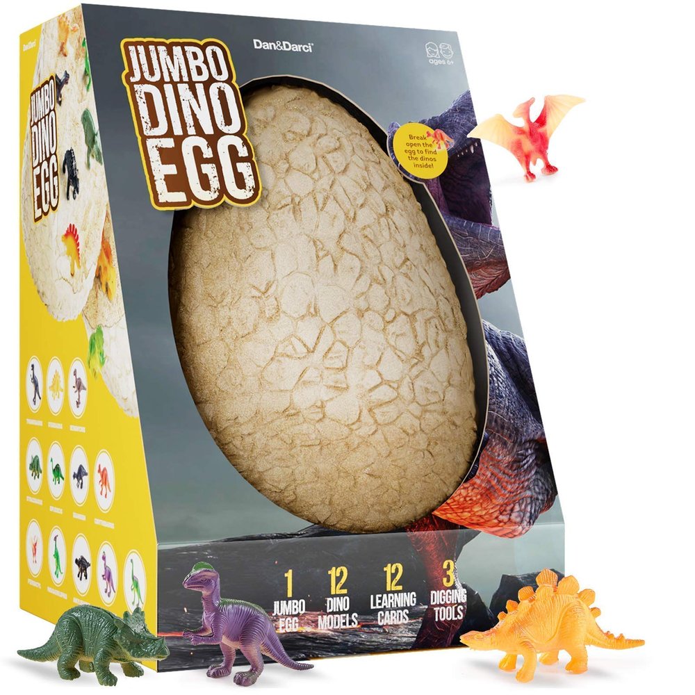 Dan&Darci Jumbo Dino Easter Egg - Unearth 12 Unique Large Surprise Dinosaurs in One Giant Filled Egg -Easter Gifts for Kids - Discover Dinosaur Archaeology Science STEM Crafts Gifts for Boys & Girls