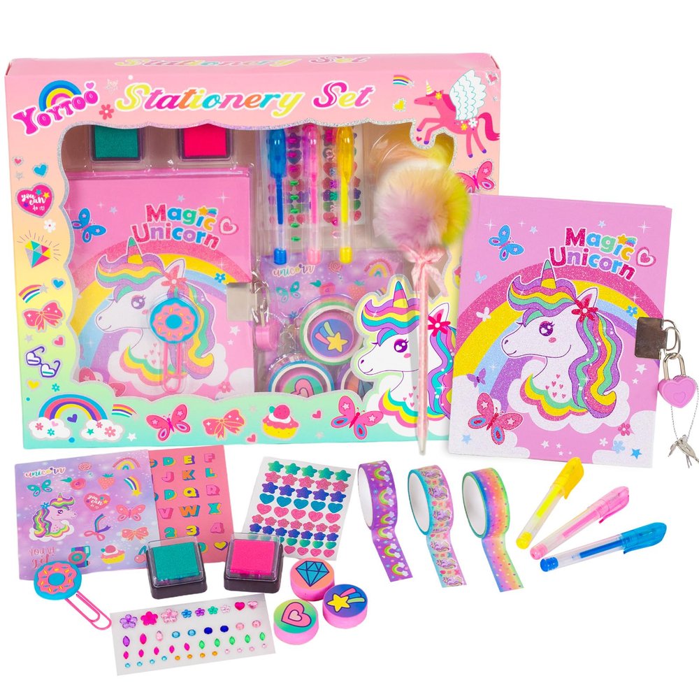 YOYTOO Unicorn Gifts for Girls 5 6 7 8 9 10-12 Years Old, Kids Unicorn Stationery Set with Secret Diary, Stamps, Pens, Journal Notebook Birthday Gifts for Little Girls