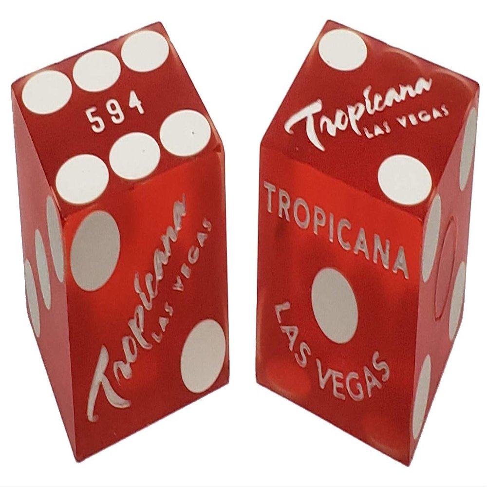 19mm Craps Dice Pair Matching Serial Numbers - Authentic Las Vegas Casino Table-Played Dice (Tropicana (Red Frosted))
