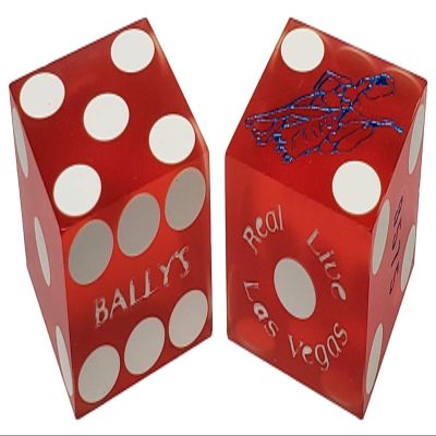19mm Craps Dice Pair Matching Serial Numbers - Authentic Las Vegas Casino Table-Played Dice (Bally's (Red Frosted))