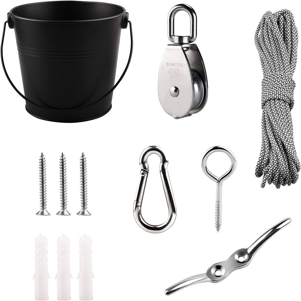 FUQUN Treehouse Pulley System with Bucket Cable - Kids Playhouse & Pirate Ship Accessories for Outdoor Play, Heavy-Duty Climbing Bucket (Black)