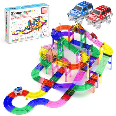 PicassoTiles 100pc Magnetic Tiles Race Track Building Set with LED Cars Adjustable Roads and Signs STEM Construction Toy Kit for Kids Educational Learning Toy for Boys and Girls Ages 3 and Up PTR100