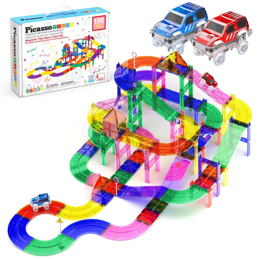 PicassoTiles 100pc Magnetic Tiles Race Track Building Set with LED Cars Adjustable Roads and Signs STEM Construction Toy Kit for Kids Educational Learning Toy for Boys and Girls Ages 3 and Up PTR100