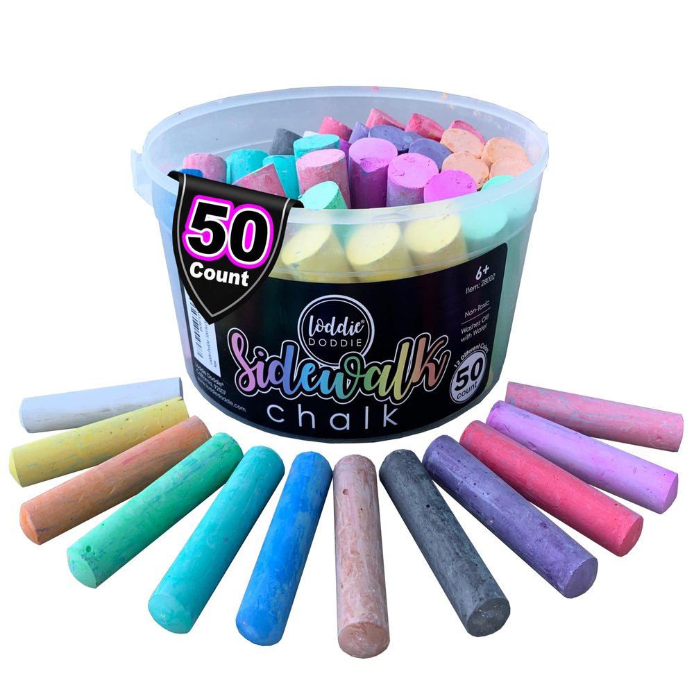 Loddie Doddie Jumbo Sidewalk Chalk - 50-Piece Multicolor Bucket - Washable Sidewalk Chalk for Kids Driveway Art - Bucket for Outdoor Kids Activities - Ergonomic Sticks for Toddler Outdoor Activities