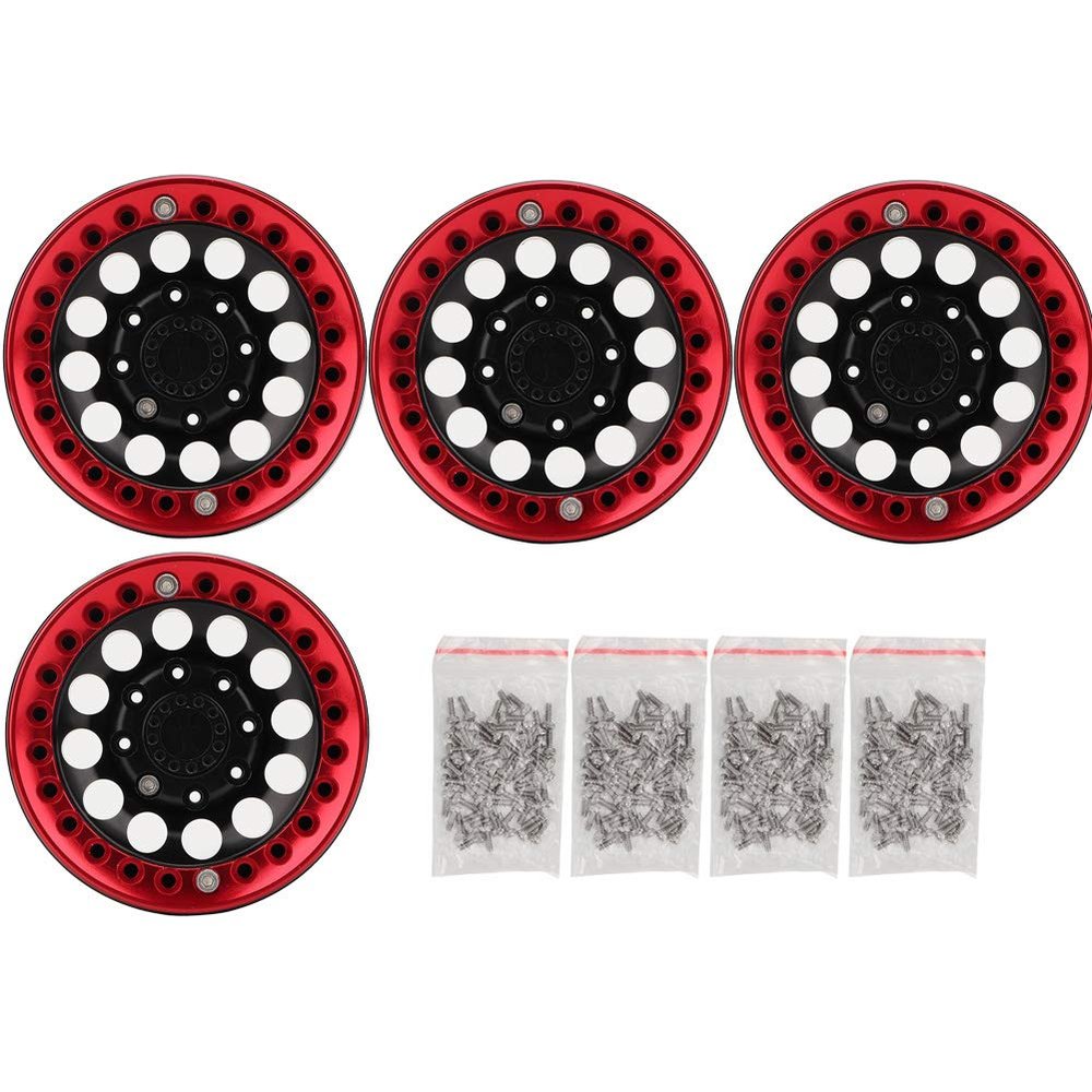 1.9in RC Wheel Rims,4Pcs 1.9in Aluminium Beadlock Wheel Rims Hubs for SCX10 1/10 RC Crawler Car (Black Red)