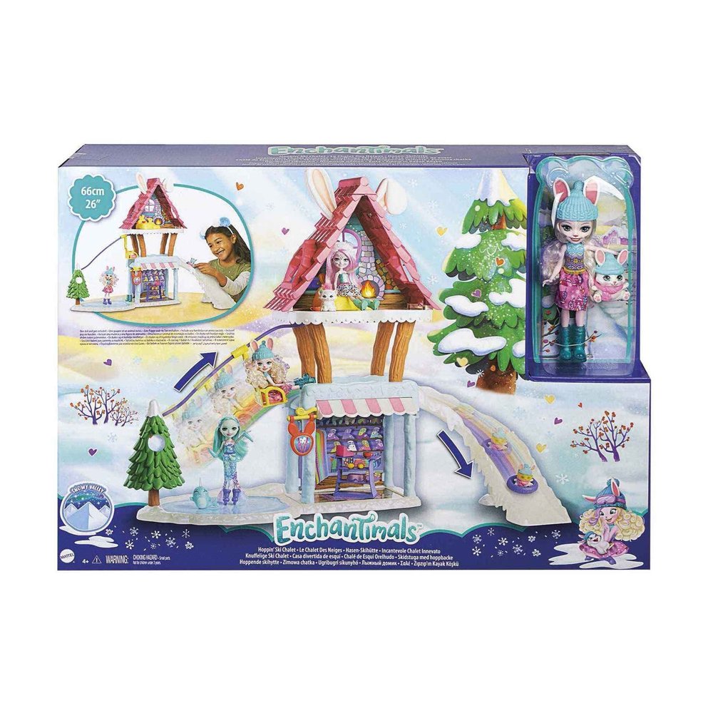 Mattel Enchantimals Hoppin Ski Chalet (25-in) with Bevy Bunny Doll (6-in) & Jump Animal Figure, with 5 Areas of Play, Go up Lift & Slide Down Slope, Makes a Great Gift for Kids Ages 3-8 Year Olds