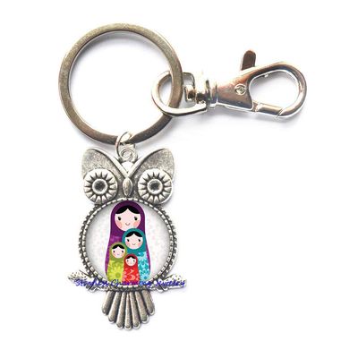 Russian Nesting Doll Matryoshka Babushka Russian Stacking Dolls Glass Tile Key Ring Owl Keychain,Bridesmaid Gift Birthday gift-JV214