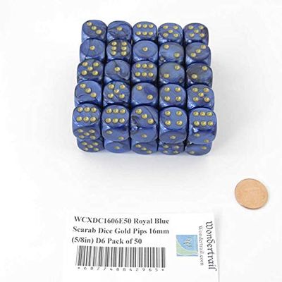 Royal Blue Scarab Dice with Gold Pips 16mm (5/8in) D6 Pack of 50 Wondertrail