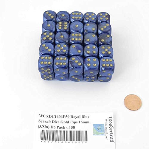Royal Blue Scarab Dice with Gold Pips 16mm (5/8in) D6 Pack of 50 Wondertrail