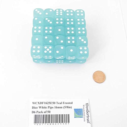 Teal Frosted Dice with White Pips 16mm (5/8in) D6 Pack of 50 Wondertrail