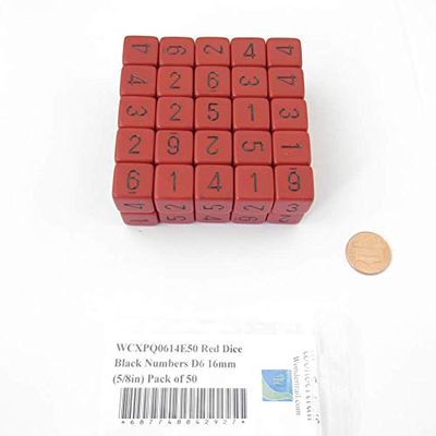 Red Opaque Dice with Black Numbers D6 Aprox 16mm (5/8in) Pack of 50 Wondertrail