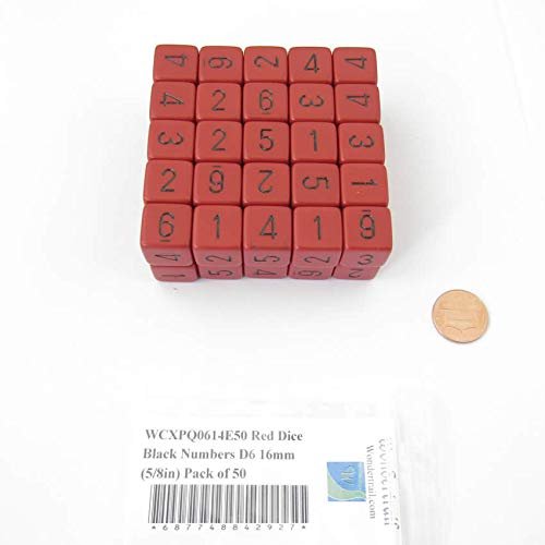 Red Opaque Dice with Black Numbers D6 Aprox 16mm (5/8in) Pack of 50 Wondertrail