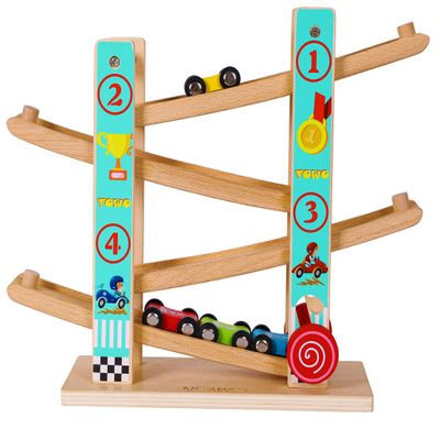 TOWO Pure Wooden Car Ramp - Zig Zag Car Slide Run with 4 Wooden Cars Playsets-Click Clack Track Toys for Toddlers -Racing Car Toys for Kids Boys Girls 2 3 4