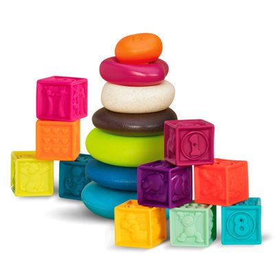 B. toys Baby Blocks & Stacking 10 Numbered Blocks & 5 Colorful Rings Building Play Set for Infants Educational Toys One Two Squeeze & Stacking Stones 6+ Months