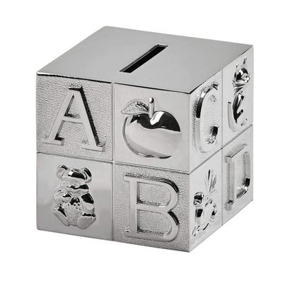 3" Silver Gray Nickel-Plated Large Square Block Coin Bank