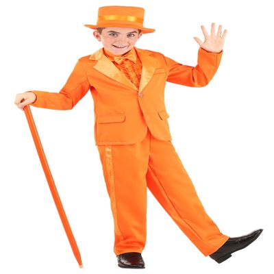 Boys Orange Tuxedo Halloween Costume | Complete Suit with Jacket, Pants, Shirt Front, Bow Tie, and Hat for a Fun, Dapper Look X-Small Bundle