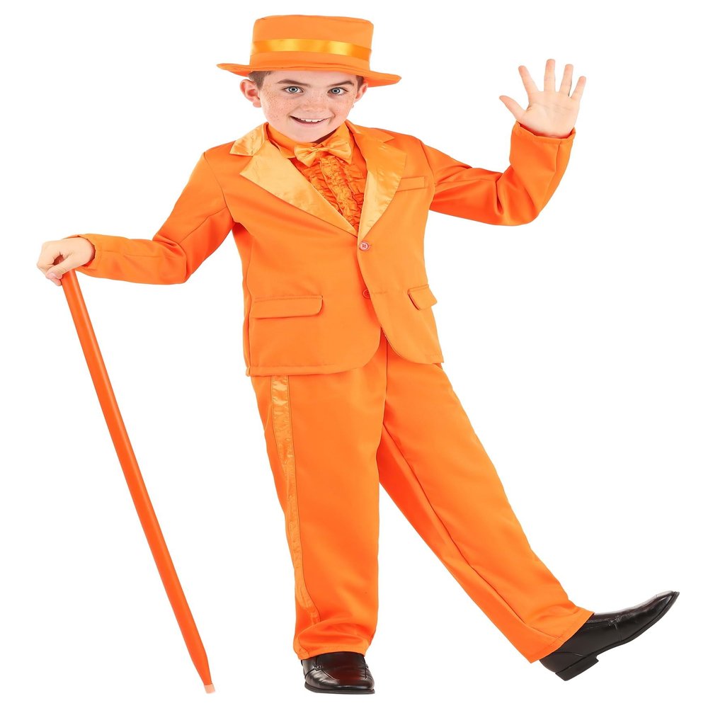 Boys Orange Tuxedo Halloween Costume | Complete Suit with Jacket, Pants, Shirt Front, Bow Tie, and Hat for a Fun, Dapper Look X-Small Bundle