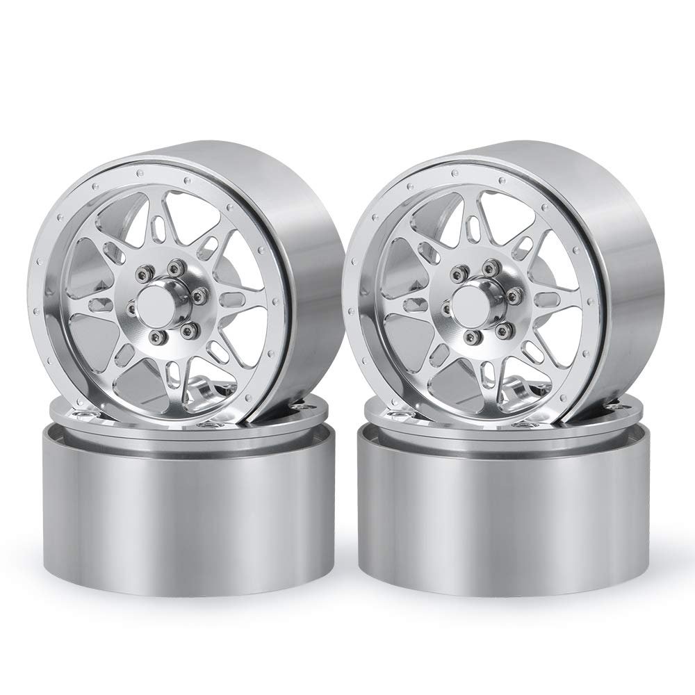 QUE-T 2.2 inch Beadlock Wheel Rims for 1:10 RC AXIAL Wraith RR10 SCX10 II TRX4 Crawler Car,4pcs/Set (Bright Silver)