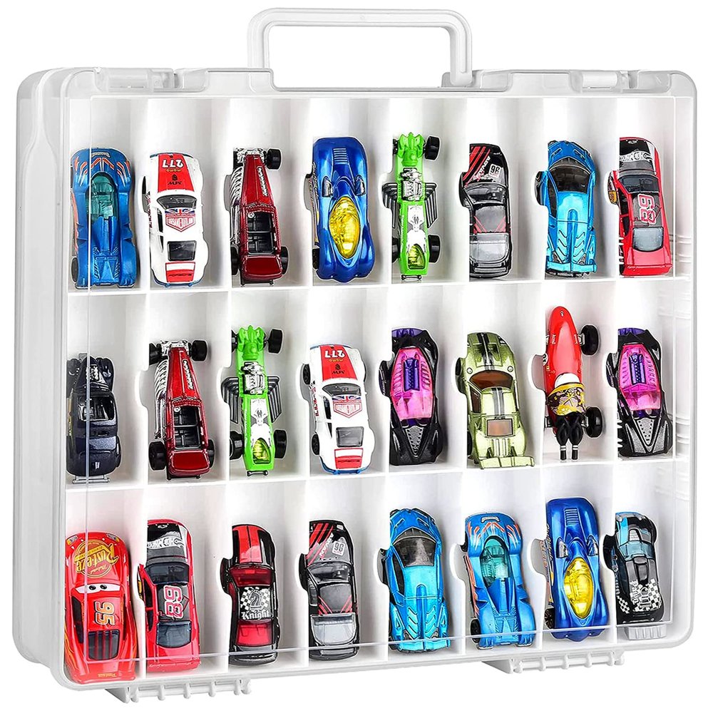 ALCYON Double Sided Toy Storage Organizer Case for Hot Wheels Car, for Matchbox Cars, for Mini Toys, for Small Dolls. Carrying Box Container Carrier with 48 Compartments - Upgrade (Box Only)