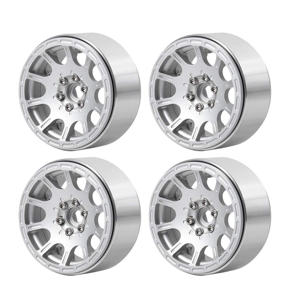 QUE-T Metal 1.9" Beadlock Wheel Rims Hubs for 1:10 AXIAL SCX10 TRX-4 D90 RC Car, Pack of 4 (Matte Silver)
