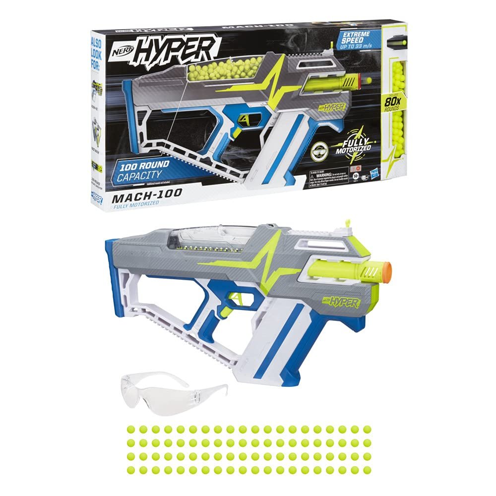 Nerf Hyper Mach-100 Fully Motorised Blaster  Includes 80 Nerf Hyper Rounds, Up to 110 FPS Velocity, Easy Reload, Holds Up to 100 Rounds. Age 14+